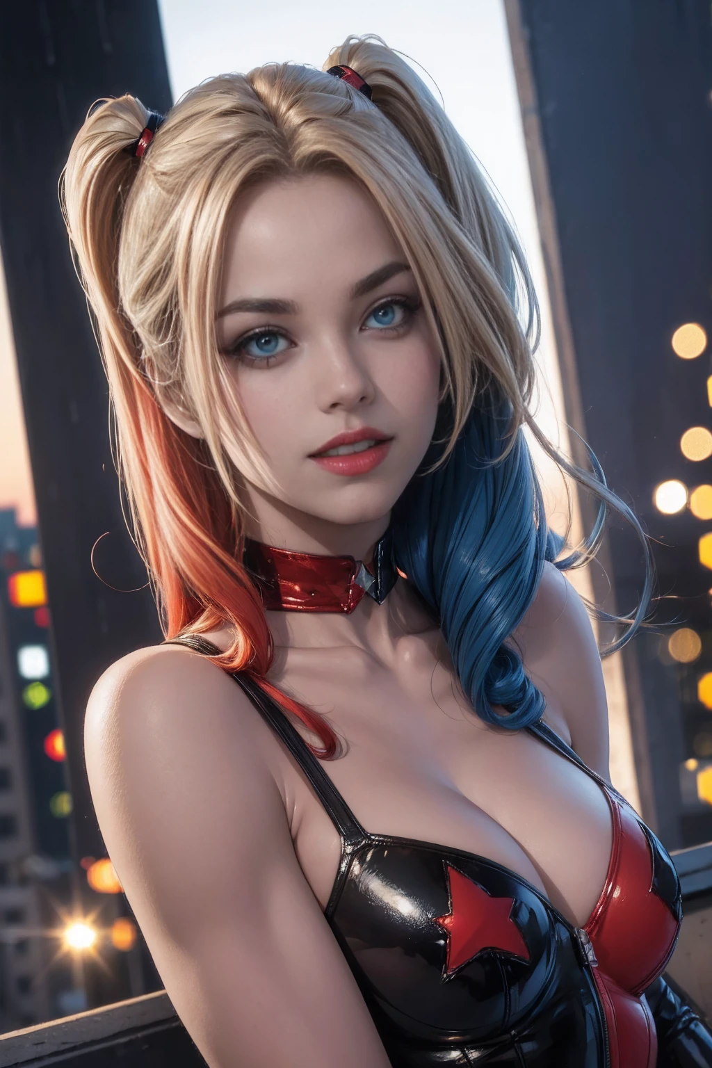 straight-on,upper-body,looking a viewer, BREAK, cartoony_Harley Quinn ,lipstick,blue eyes,makeup,lips,large breasts,clavicle,red-lips,c,,Bodysuit,cleavage,,glittering,center opening, BREAK, official arts,extremely detailed CG unity 8k wallpaper, perfect lighting,Farbeful, Bright_front_s face_illumination,sparkly skin, (Masterpiece:1.0),(Best_Quality:1.0), extra high resolution,4K,Ultra-detailed, photografic, 8k, HDR, hight resolution, (absurdress:1.2), Kodak portra 400, Film grain, blurred background, (bokeh:1.2), lens flare, (Vibrants_Farbe:1.2),professional photo of a, (Beautiful_s face:1.5), Protruding Breasts, torpedo tits, city background at night, rooftop skyscraper, show skin, slutty, naughty, mischievious, crazy