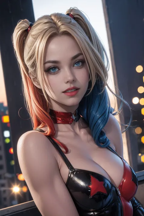 straight-on,upper-body,looking a viewer, break, cartoony_harley quinn ,lipstick,blue eyes,makeup,lips,large breasts,clavicle,red...