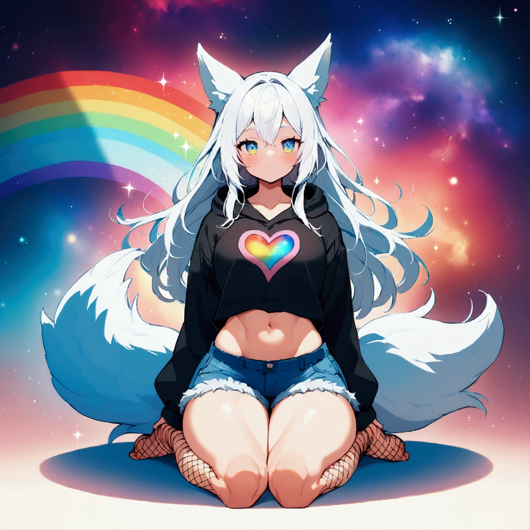 a cute adult male with wolf ears, long white hair, long locks, has a wolf tail, wearing a loose cropped black hoodie, wearing a pair of denim short shorts and fishnet stockings, thick thighs, wide hips, relaxing on mound of fluffy multi colored plushies, short, very slim, showing slender tummy, heart on hoodie, squishy thighs, has glowing blue eyes. alone, solo (ALONE)(SOLO), surrounded by rainbows, colorful galaxy backround, on knees stretching out