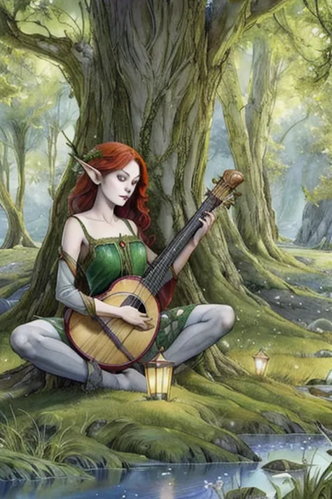 Young lamia girl with red hair and gray eyes, playing a musical instrument lute, images of fairies and elves have been added to ...