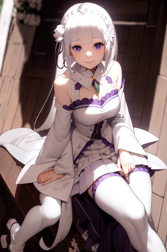 masterpiece, 1girl, Emilia, blunt bangs, long hair, crown braid,
white dress, detached collar, wide sleeves, x hair ornament, hair flower, hair ribbon, white thigh boots, cleavage, purple frills, pleated_white_skirt
sitting on bench, garden, arms at sides,
looking at viewer, (smile:1.2), blush, from above,