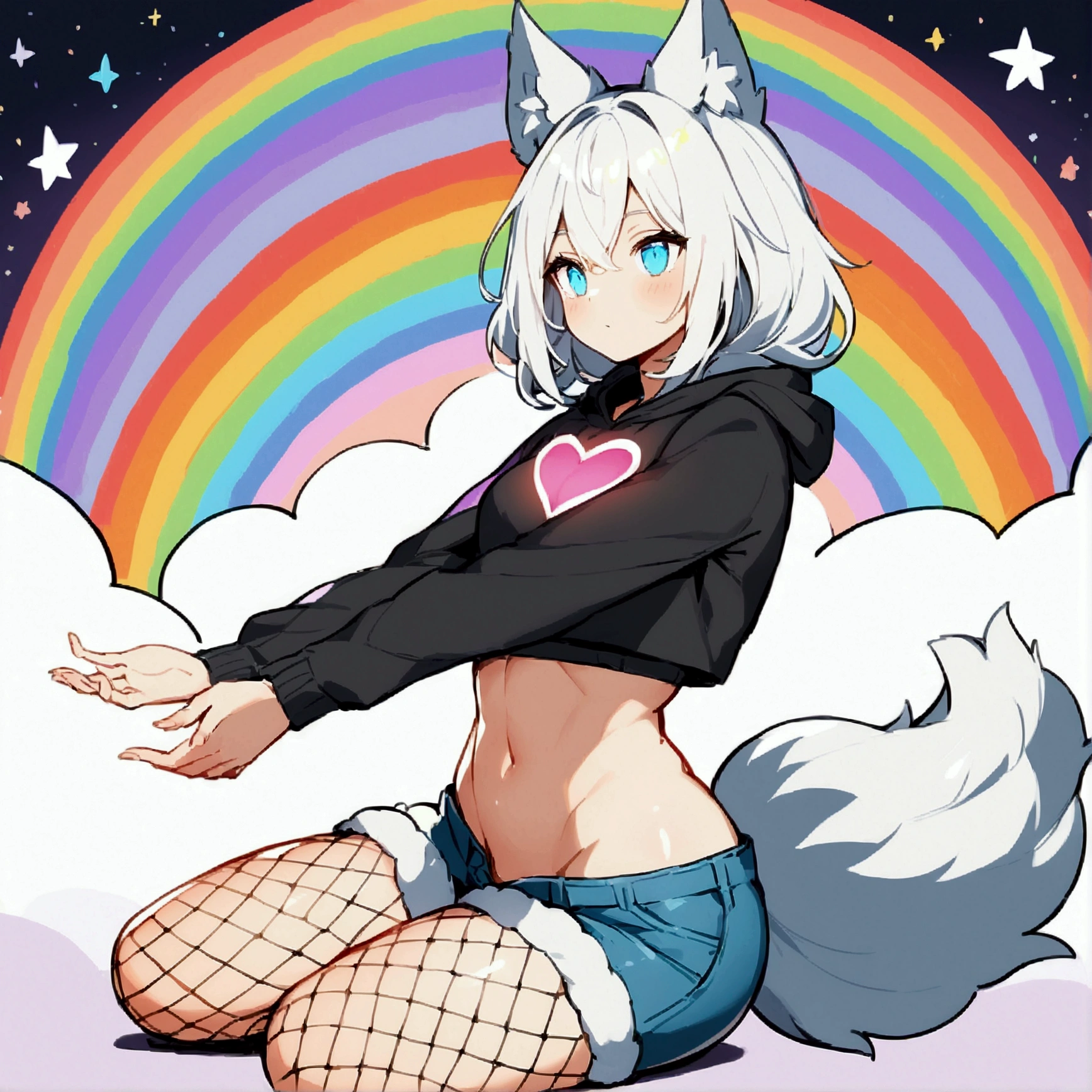 a cute adult male with wolf ears, long white hair, long locks, has a wolf tail, wearing a loose cropped black hoodie, wearing a pair of denim short shorts and fishnet stockings, thick thighs, wide hips, relaxing on mound of fluffy multi colored plushies, short, very slim, showing slender tummy, heart on hoodie, squishy thighs, has glowing blue eyes. alone, solo (ALONE)(SOLO), surrounded by rainbows, colorful galaxy backround, on knees stretching out