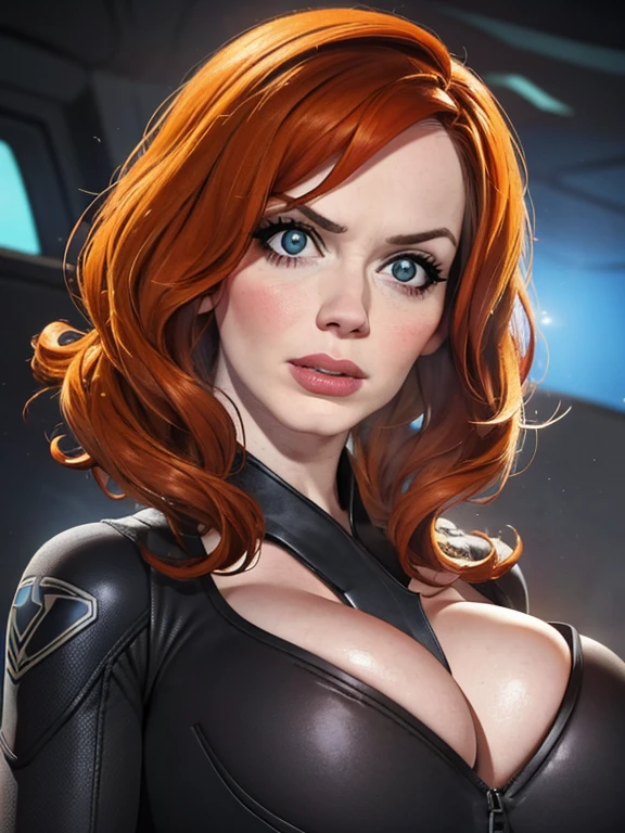 Create a dynamic 4K resolution full body portrait of Christina Hendricks as the character of Black Widow, the fierce Marvel superheroine.

Visualize Christina Hendricks as Black Widow with her striking features: her short orange wavy hair. Her bright blue eyes, sharp and focused, should reflect her unwavering determination and strategic mind. She is 48 years old. Include Christina's sculpted cheekbones and slight wrinkles around the face. High-quality facial research of Christina Hendricks. Include Christina Hendricks large breasts. High-quality detailed research of Christina Hendricks voluptuous figure.

Dress Christina Hendricks in the iconic Black Widow black tactical suit, with a huge bust the suit, featuring intricate details such as reinforced armor, gun holsters, utility belts, and the red hourglass symbol on her belt. The suit is so tight that Christina Hendricks breasts barely fit in it. The suit should appear sleek and functional, emphasizing her agility and combat prowess.

Set the scene against the backdrop of a high-tech, futuristic environment, perhaps a S.H.I.E.L.D. headquarters or a cityscape at dusk, with neon lights casting dramatic shadows. Include elements such as holographic displays or glimpses of advanced technology to enhance the modern, action-packed atmosphere.

The color palette should be dark and intense, with shades of black and deep reds, contrasted by the cool blues and silvers of the high-tech background, highlighting Black Widow's stealthy and formidable presence.

Black Widow's expression should convey a blend of determination, focus, and a hint of vulnerability, capturing her complex character. Her gaze should be piercing and resolute, embodying her role as a master spy and a skilled combatant.

This portrait aims to portray Christina Hendricks playing the role as the fictional character of Natasha Romanoff/Black Widow, capturing her iconic features and the high-stakes, action-packed world she inhabits in the Marvel universe