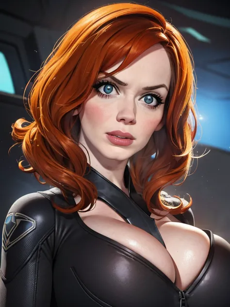 create a dynamic 4k resolution full body portrait of christina hendricks as the character of black widow, the fierce marvel supe...