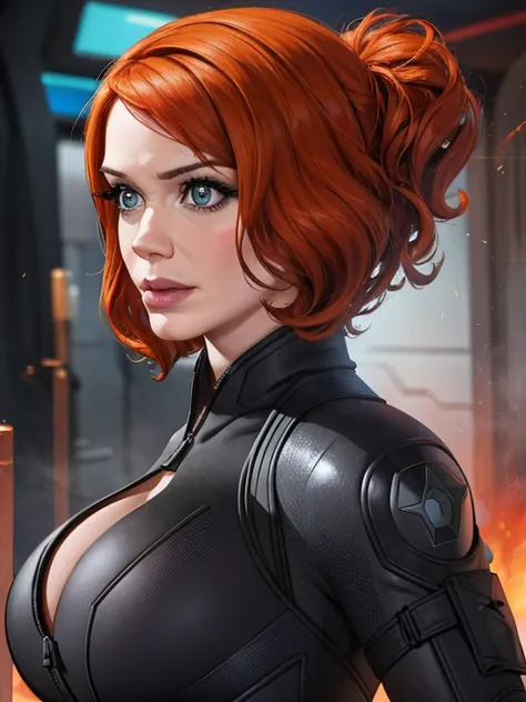 create a dynamic 4k resolution full body portrait of christina hendricks as the character of black widow, the fierce marvel supe...