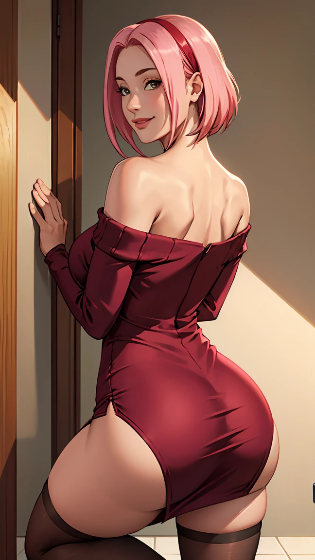 ((sexy sweater dress))((big ass))((off shoulder tight dress))(((Suit))), Masterpiece， The best quality at the best， 1girll， Sakura Haruno， BIG BREASTS,Off the shoulder clothing，transparent miniskirt ,（neckline)，（Closeup of upper body)，Sexy servant，is shy，smile，with pink hair， Long whitish hair， There is a woman with pink hair and stockings posing in a bathroom, Lower angle, illuminated from behind, on knees, thighs and skirt, on knees, peeping from behind, thighs close up, curvy accentuated booty, Hyperrealistic  in short dress , tucked knees, bend, hugging his knees, illuminated from below, View from behind in microtanga,in babydoll WITH THE THONG ON THE SIDE LETTING HER PUSSY BE SEEN