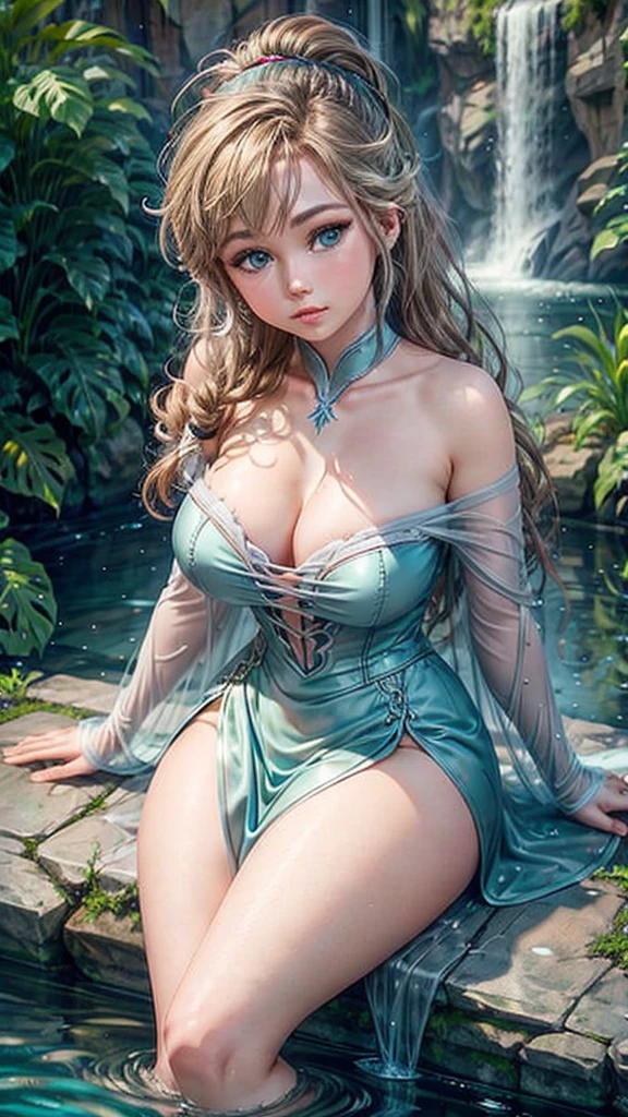 close-up of (brec bassinger) as Elsa from frozen sitting like a lady under a tree on the ice and looking at the sky, lots of details, beautiful, elsa from frozen, high quality, photo-realistic, octane render, unreal engine, ultra-realistic, (ice castle in background), (big breasts),(huge cleavage)