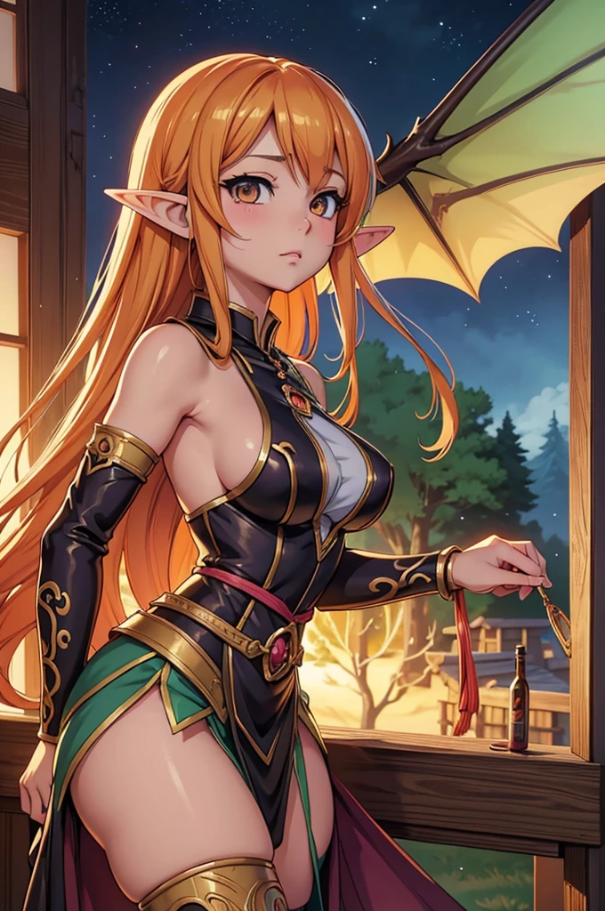 vintage anime elf girl with dragon wings, fantasy art style, extremely detailed artgerm, detailed digital anime art, anime fantasy illustration, beautiful character painting, anime in fantasy style, fantasy style art, anime fantasy artwork, artgerm on artstation pixiv, 2. 5 d cgi anime fantasy artwork, orange long hair, medium breast, hazel eyes 
(wearing Japanese gyaru fashion futanari), looking towards the viewer,ちんこを見せつける (best quality, top quality, ultra detailed, high-resolution, HDR, beautiful detailed, masterpiece, 2,5d)アニメスタイル,