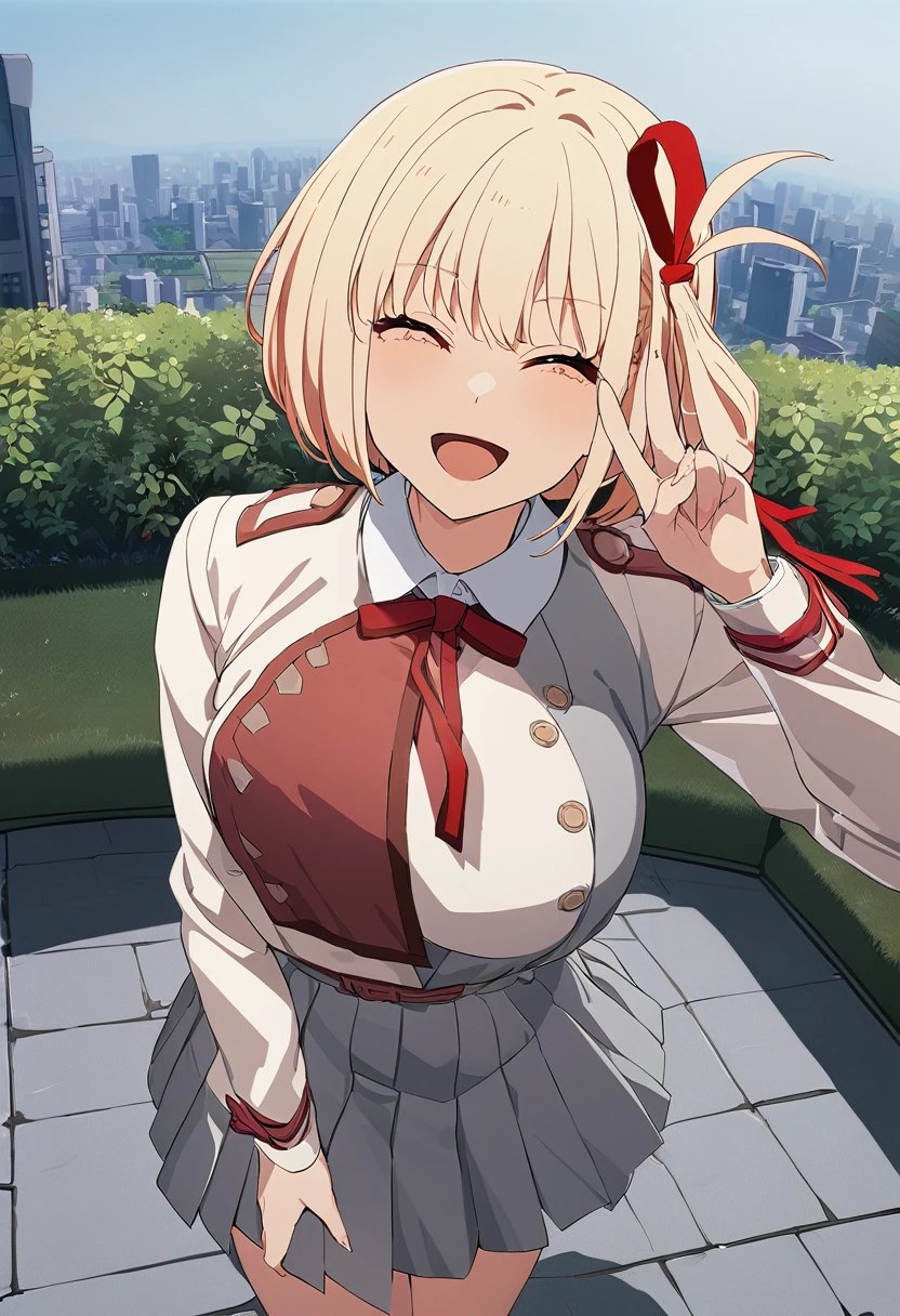 masterpiece, Highest quality, One girl, game cg  nishikigi chisato, Bobcut, Hair Ribbon, 、White collared shirt blouse, Red tie ribbon, Grey pleated skirt with long sleeves, Large Breasts, garden, null, Cityscape, Wink, Are standing, Finger V, Open your mouth, Happy, smile、