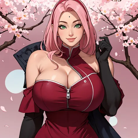 ((blackstockings))(((sexy off shoulder dress))), masterpiece， the best quality at the best， 1girll， sakura haruno， (((huge breas...