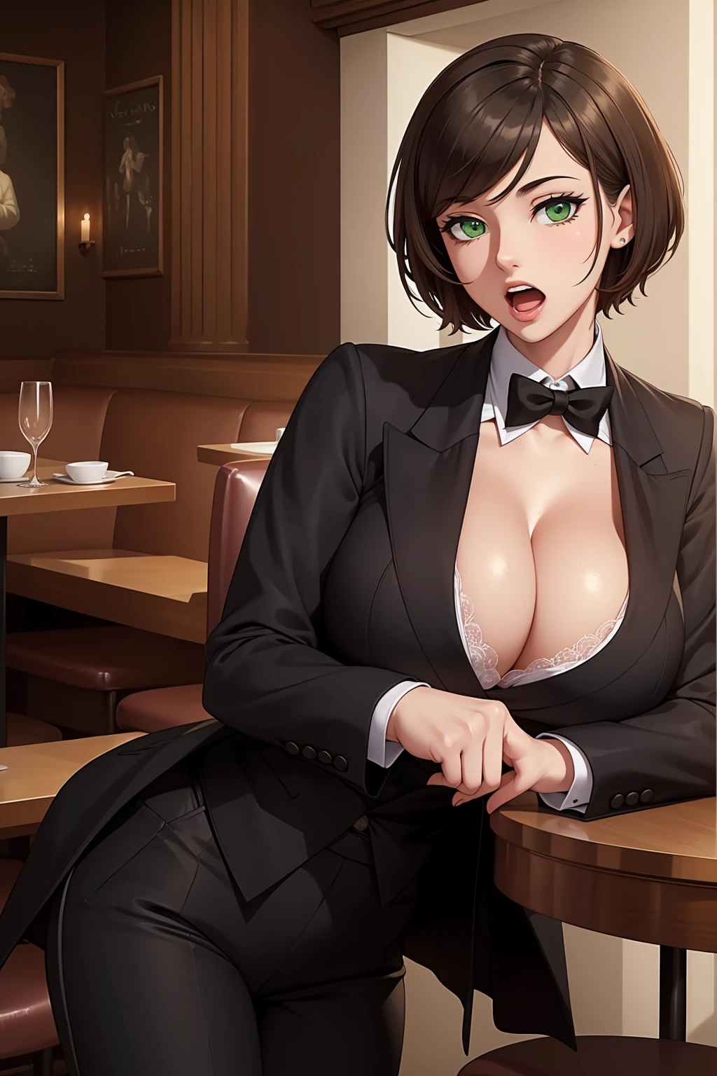 (masterpiece, best quality:1.4), illustration, 8k, hd, 1girl, solo, really_short_hair, brown_hair, butler clothes,  no underwear, black coat, green_eyes, cleavage, black trousers, butler, white butler, ((big breast, open mouth)), (restaurant, café)