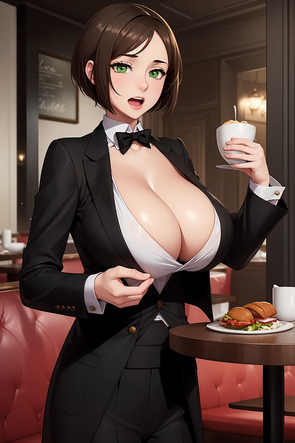 (masterpiece, best quality:1.4), illustration, 8k, hd, 1girl, solo, really_short_hair, brown_hair, butler clothes,  no underwear, black coat, green_eyes, cleavage, black trousers, butler, white butler, ((big breast, open mouth)), (restaurant, café)