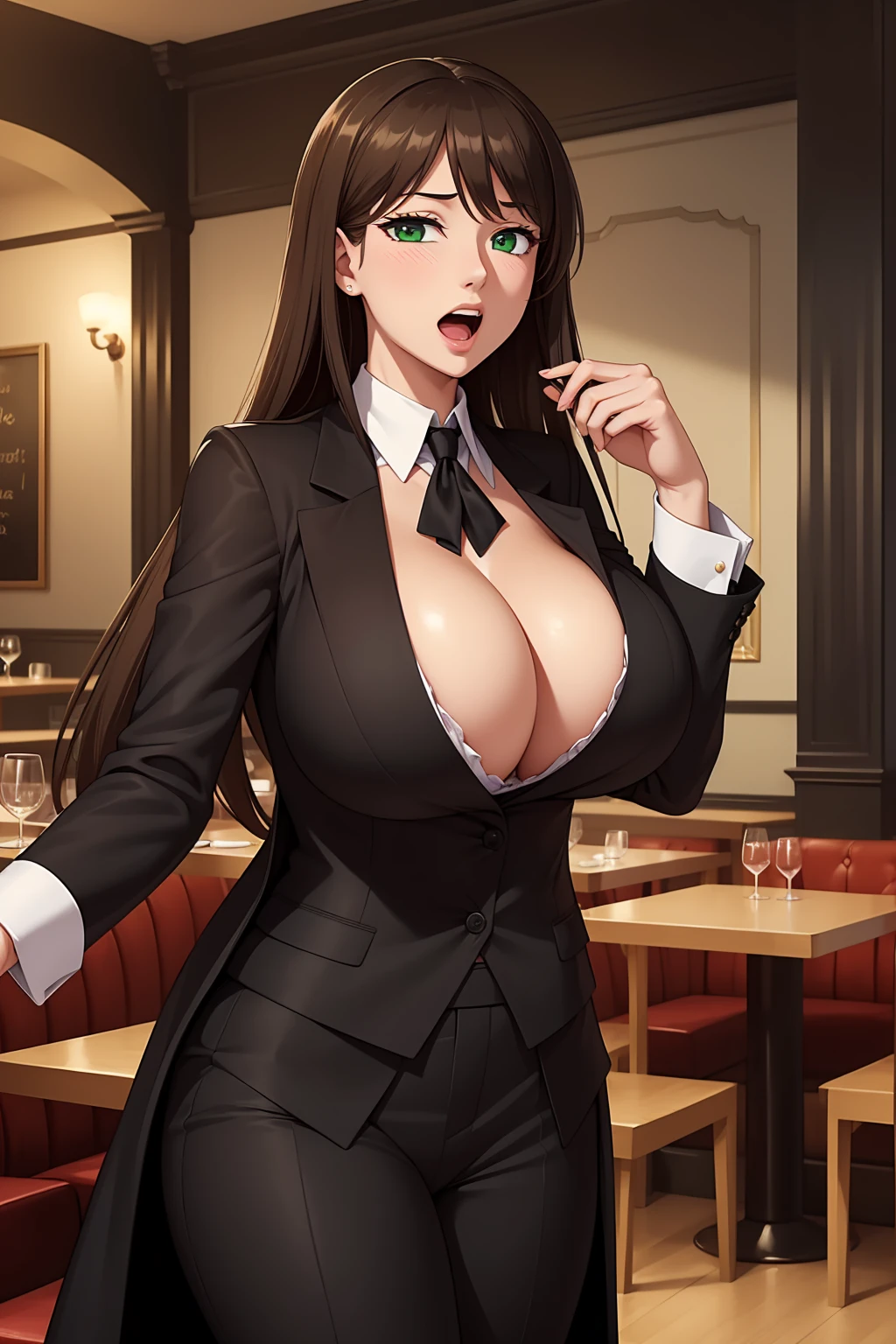 (masterpiece, best quality:1.4), illustration, 8k, hd, 1girl, solo, really_long_hair, brown_hair, butler clothes,  no underwear, black coat, green_eyes, cleavage, black trousers, butler, white butler, ((big breast, open mouth)), (restaurant, café)