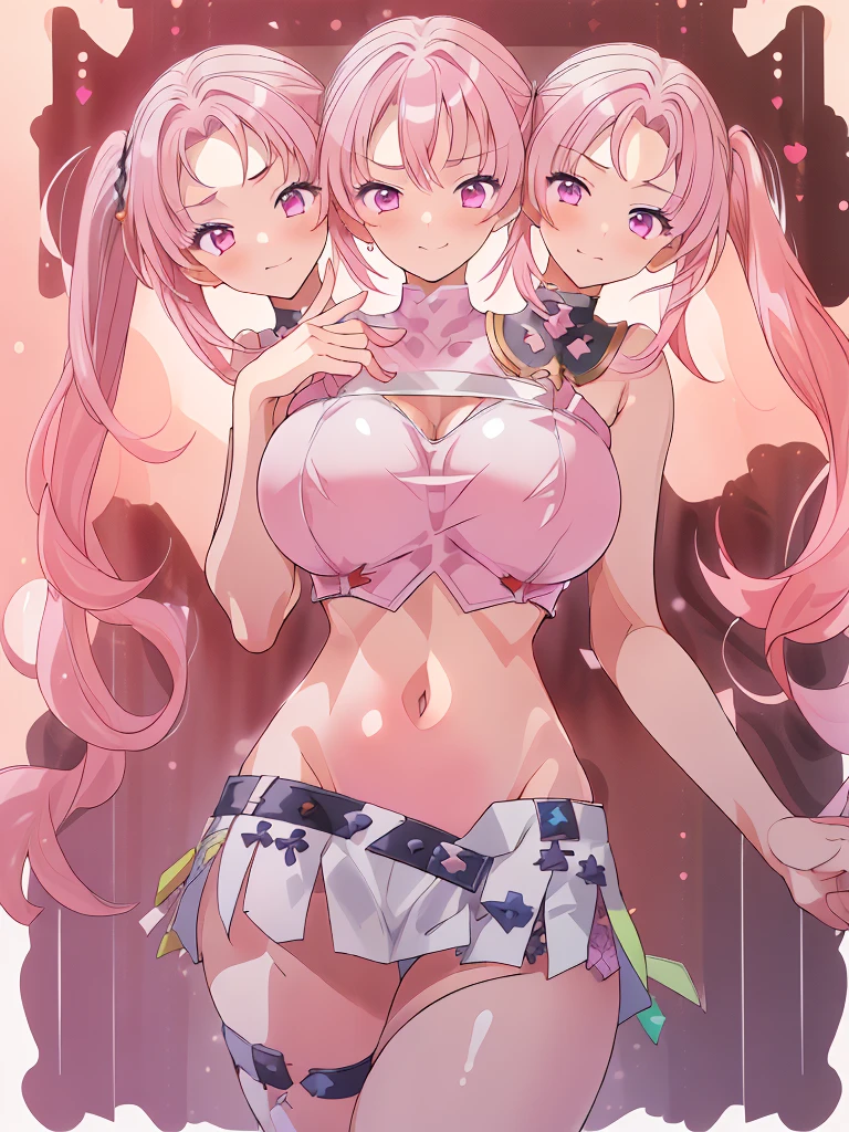 (masterpiece, best quality), best resolution, (3heads:1.5), 1girl, pink hair, twintails, smug, open belly, white crop top, white miniskirt, open breasts, huge tits, 
