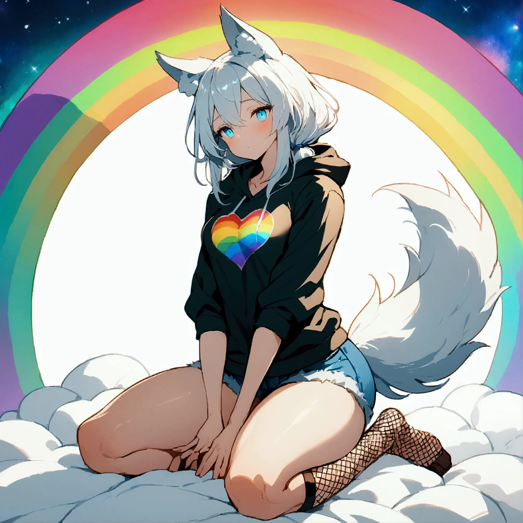 a cute adult male with wolf ears, long white hair, long locks, has a wolf tail, wearing a loose cropped black hoodie, wearing a ...