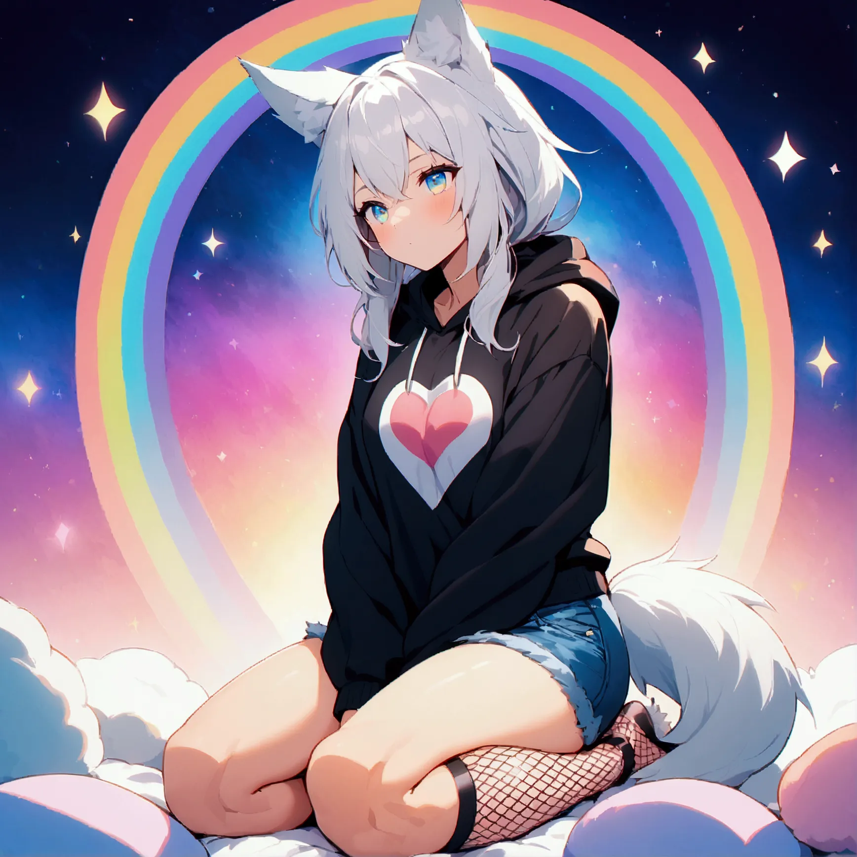 a cute adult male with wolf ears, long white hair, long locks, has a wolf tail, wearing a loose cropped black hoodie, wearing a ...