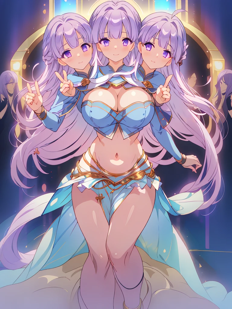 (masterpiece, best quality), best resolution, (3heads:1.5), 1girl, FESophia, light purple hair, flowing hair, smiling, soft smile, open belly, light blue crop top, light blue miniskirt, open breasts, huge tits, sexy pose, beautiful eyes, headband, blue eyes, alluring presence, beautiful eyes, detailed eyes, revealing dancer attire, belly dancer,
