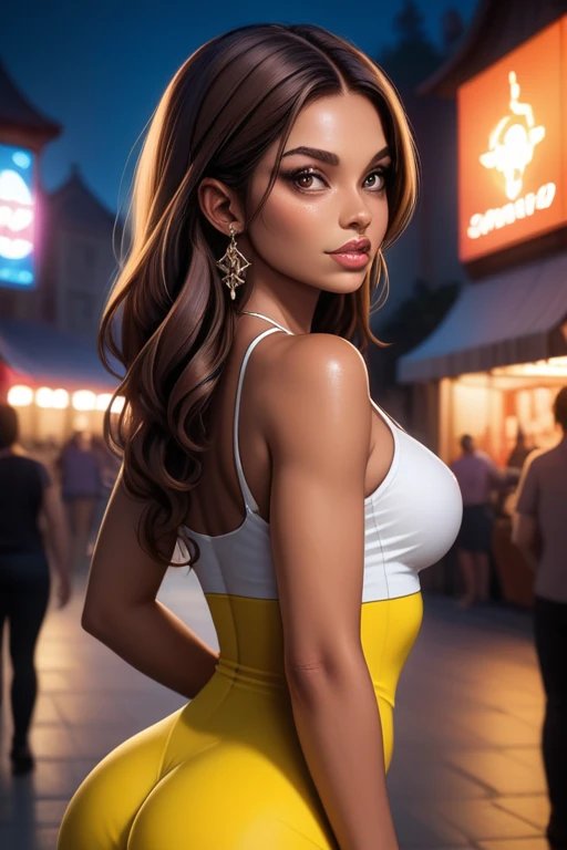 Tall hispanic woman with expressive hazel eyes and long wavy dark brown hair; warm olive skin;  hourglass build; ("heart-shaped-face" with full lips); ample bosom; wearing casual clothes; best quality; trending on artstation; dark room with complex volumetric lighting; strong shadows; artistic lighting; dynamic; energetic vibe; realistic skin; specular highlights; micro-textures; highly detailed hair; shopping in a neon-lit street market at night