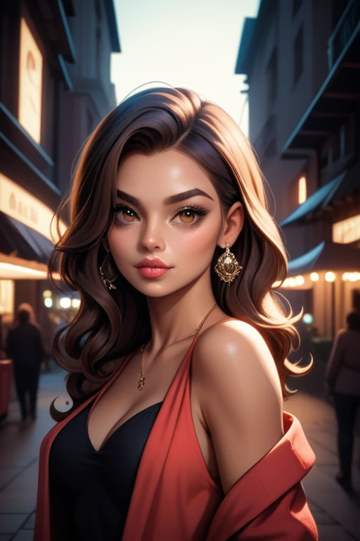 Tall hispanic woman with expressive hazel eyes and long wavy dark brown hair; warm olive skin;  hourglass build; ("heart-shaped-face" with full lips); ample bosom; wearing casual clothes; best quality; trending on artstation; dark room with complex volumetric lighting; strong shadows; artistic lighting; dynamic; energetic vibe; realistic skin; specular highlights; micro-textures; highly detailed hair; shopping in a neon-lit street market at night