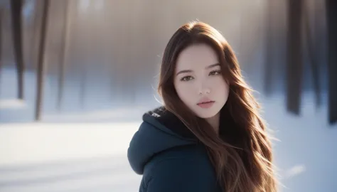 1girl, solo, photo, portrait, look at viewer, long hair, outdoor, snow,  realistic,  ray tracing,