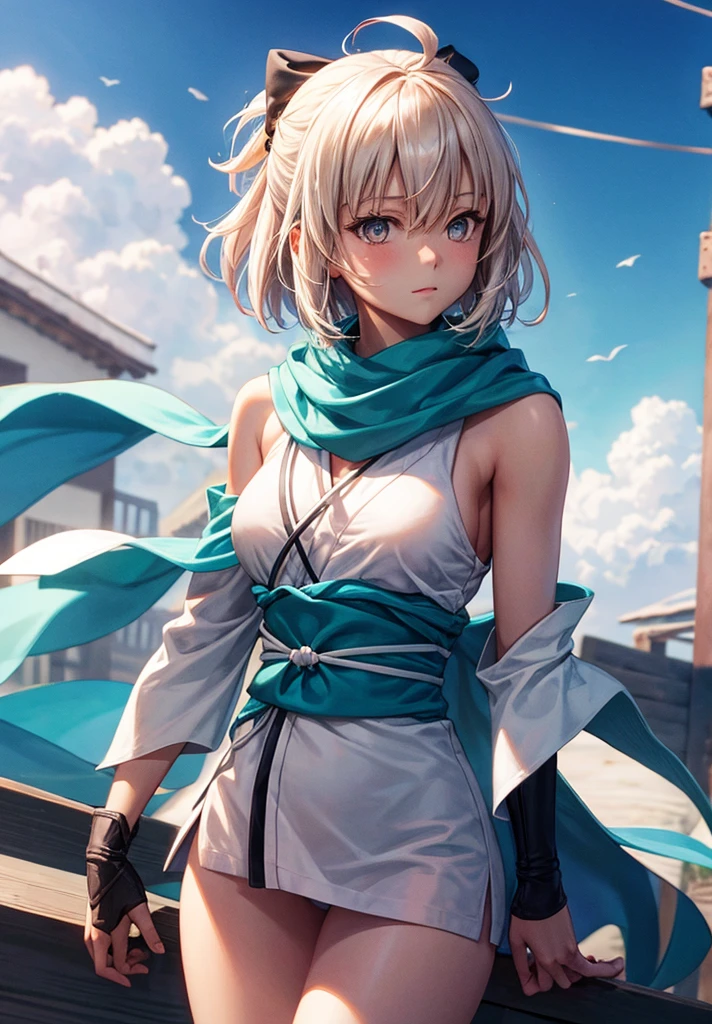 Best Quality, 1 girl, alone, okita_souji, white kimono, scarf, cowboy photography, outdoor, bare shoulders, bare shoulders, sleeveless, looking at the viewer, 