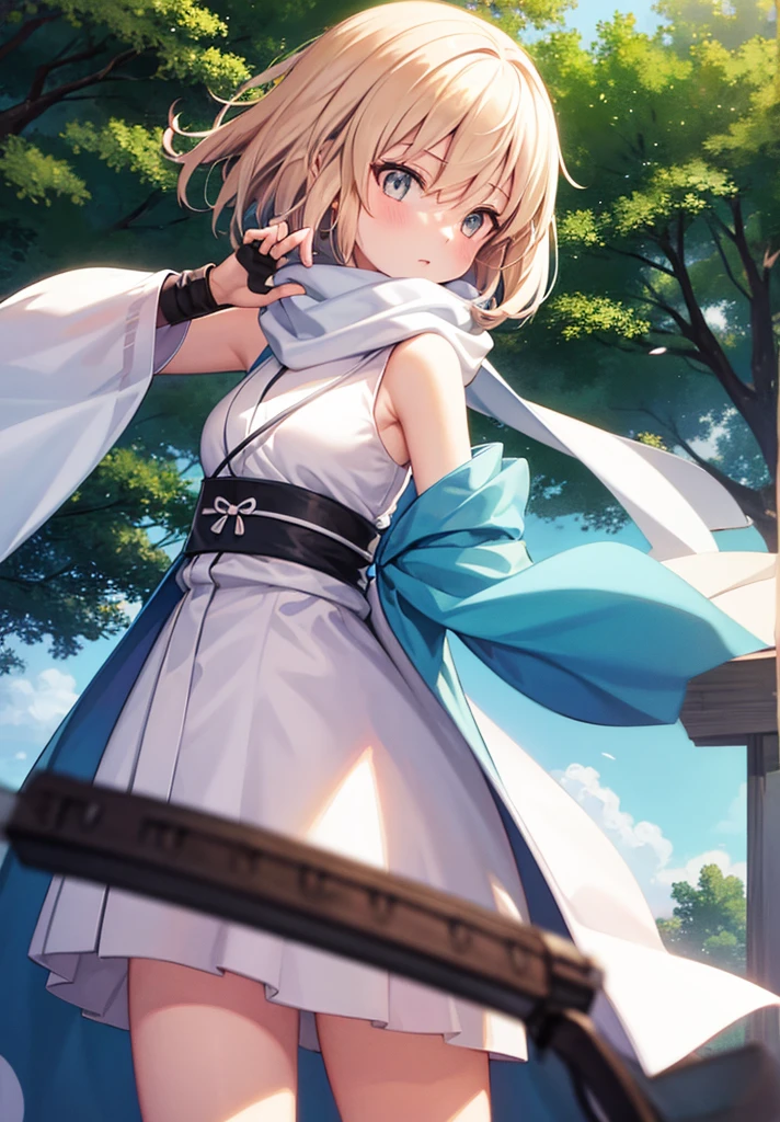 Best Quality, 1 girl, alone, okita_souji, white kimono, scarf, cowboy photography, outdoor, bare shoulders, bare shoulders, sleeveless, looking at the viewer, 