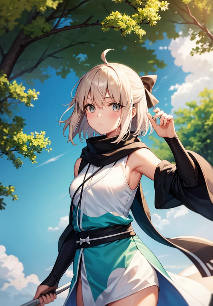 Best Quality, 1 girl, alone, okita_souji, white kimono, scarf, cowboy photography, outdoor, bare shoulders, bare shoulders, sleeveless, looking at the viewer, 