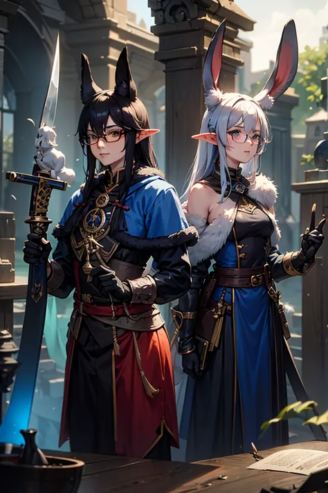 a rabbit with glasses with a book in one hand and a blue potion in the other hand, two elves with swords in their hands and a bl...