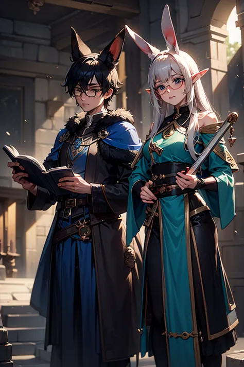 a rabbit with glasses with a book in one hand and a blue potion in the other hand, two elves with swords in their hands and a bl...