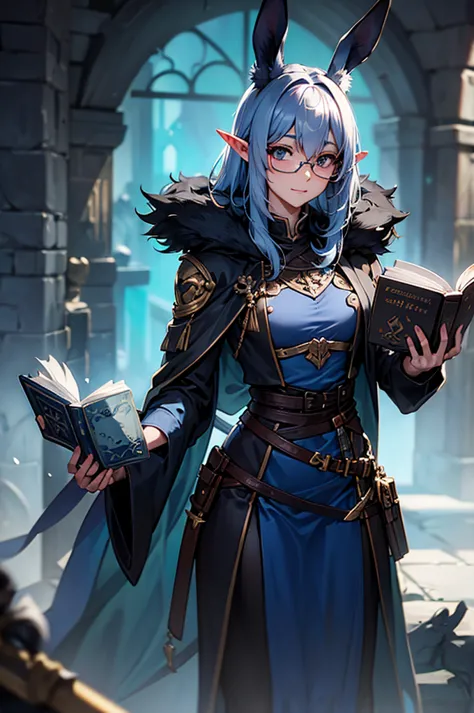 a rabbit with glasses with a book in one hand and a blue potion in the other hand, two elves with swords in their hands and a bl...