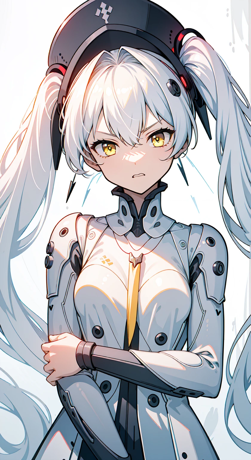 (masterpiece, best quality, Ultra-high quality:1.1), (From below), official, close up, 1 Girl, Solitary, Sci-fi Girl, Long hair young man, Platinum White Hair, Very long twin tails, Hair between the eyes, Yellow eyes, Small Breasts, , neutral, Pouting, Proud, angry, White clothes, baby doll, Tights, hat, Flowing hair accessories, Upper Body, Lean forward, Hands on knees, (Upper Body, Volumetric Lightning), White background, Simple background