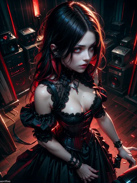 from above, high view shot, in the heart of a future gothic world, a young beautiful woman with a gothic punk style haircut, mid...