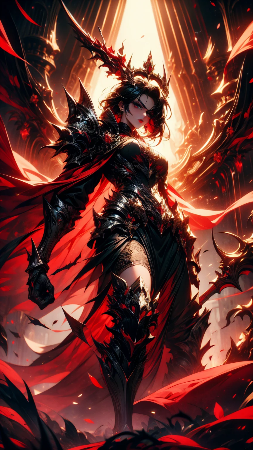 Masterpiece, high quality, super detailed, wallpaper, woman, black armor with black and red details, viewed from below, looking at the viewer, fit body, heels with black thorns, black and red short thorn crown, very short black hair, blue eyes, red lips, black eye makeup, black cape with black embroidery, angry look, stunning, in various poses, armored gloves