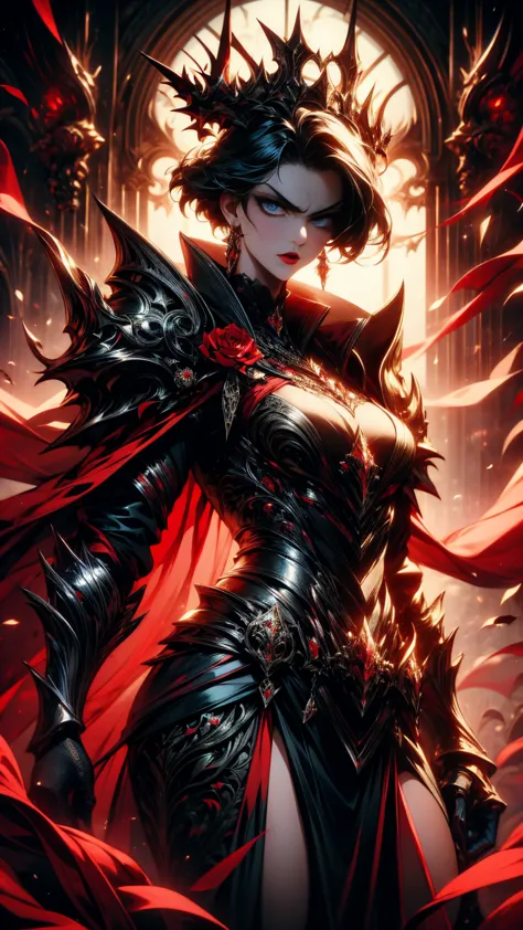 Masterpiece, high quality, super detailed, wallpaper, woman, black armor with black and red details, viewed from below, looking ...