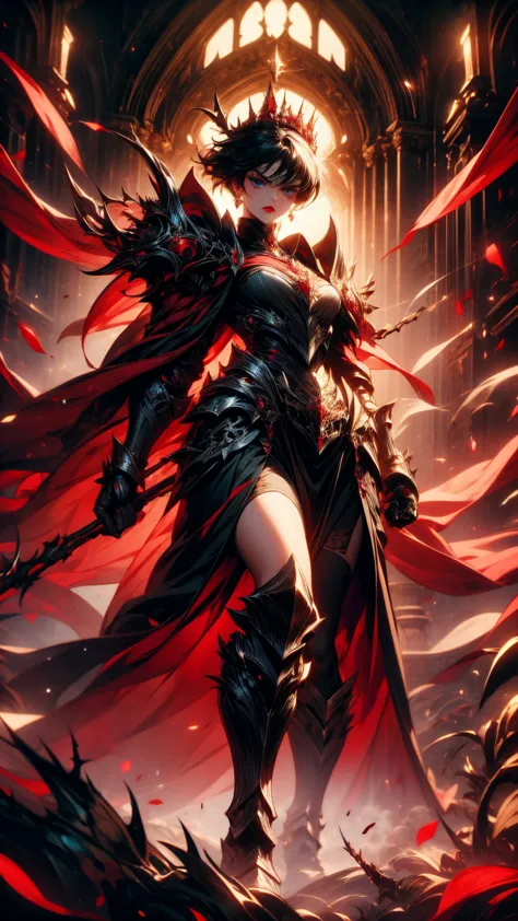 Masterpiece, high quality, super detailed, wallpaper, woman, black armor with black and red details, viewed from below, looking ...