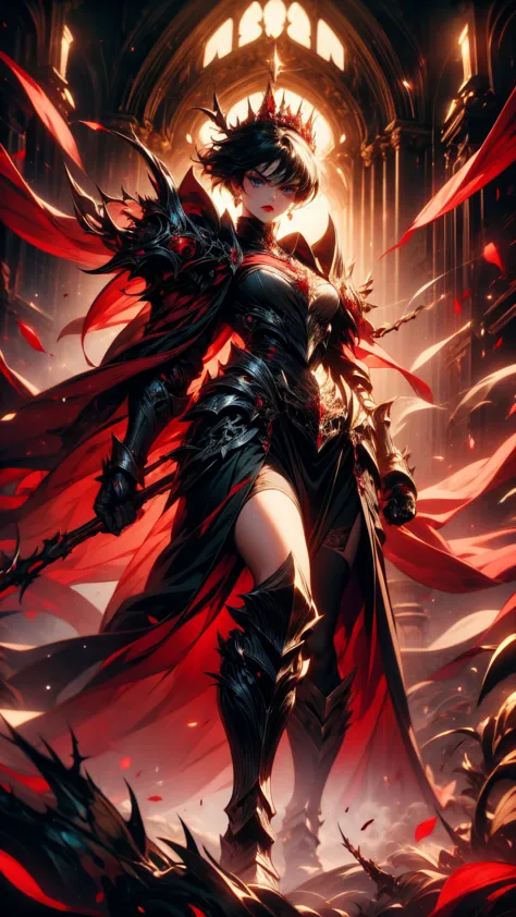 masterpiece, high quality, super detailed, wallpaper, woman, black armor with black and red details, viewed from below, looking ...