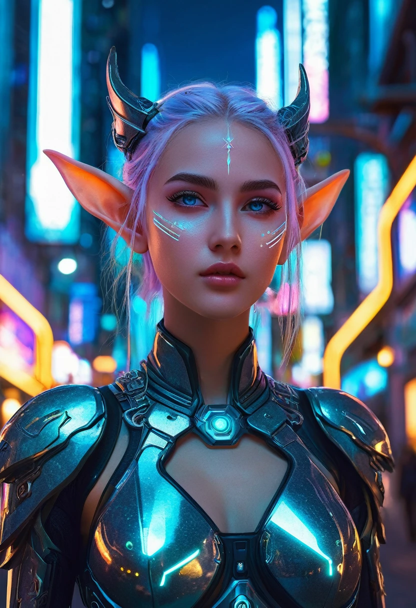 Cyberpunk elves,((Ganzkörperaufnahme)), Sehr detailiert, 1 Mädchen, schöne und zarte Augen, schöne und zarte Lippen, Extrem detaillierte Gesichter und Merkmale,große Elfenohren, Exquisite cyberpunk armor, Lumineszenz Neon lights, Fortgeschrittene Technologie, Zukünftiges Stadtbild, dramatische Beleuchtung, Komposition, leuchtende Farben, Neon, Lumineszenz, Extrem detailliert, Wirklichkeit,