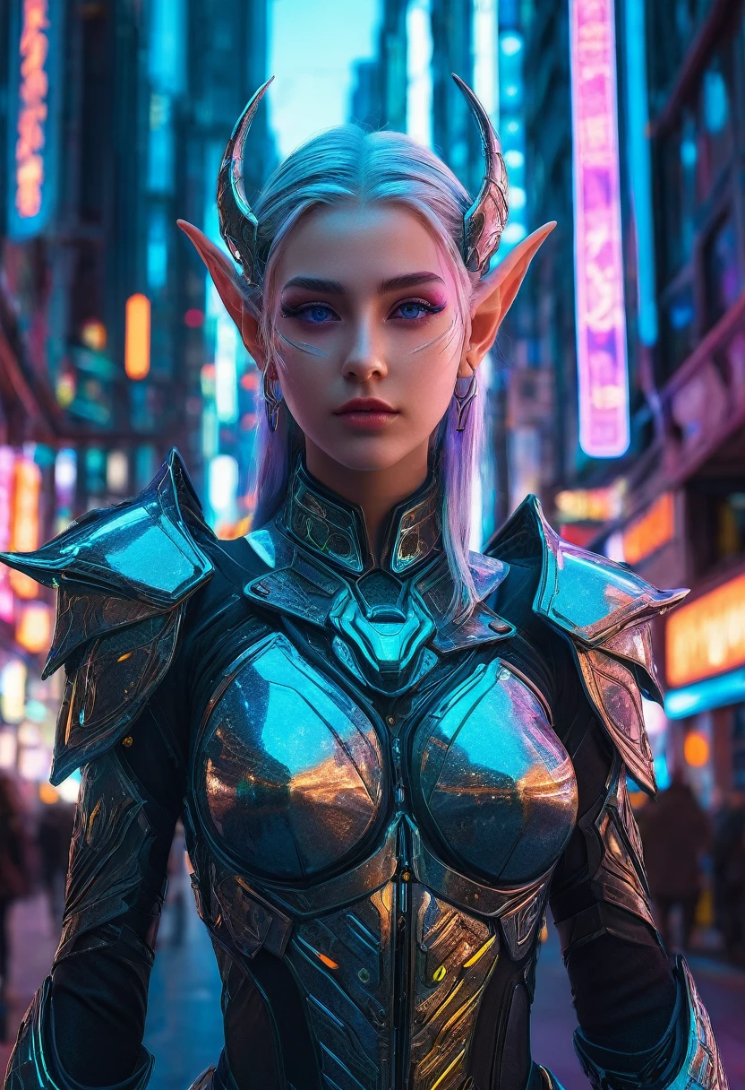 Cyberpunk elves,((full-body shot)), Very detailed, 1 Girl, Beautiful and delicate eyes, Beautiful and delicate lips, Extremely detailed faces and features,Big Elf Ears, Exquisite cyberpunk armor, Luminescence neon lights, Advanced technology, Future Cityscape, Dramatic Lighting, Composition, Vibrant colors, neon, Luminescence, Ultra Detailed, Reality,