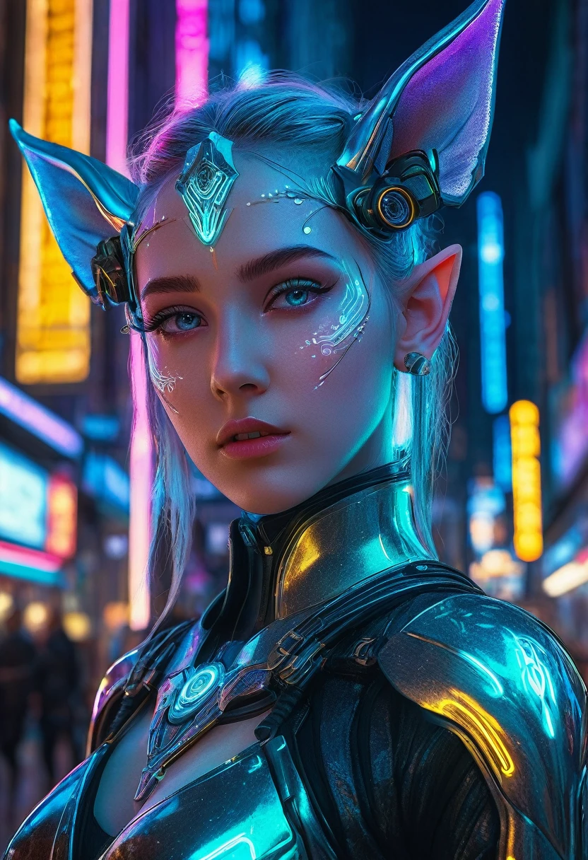 Cyberpunk elves,((full-body shot)), Very detailed, 1 Girl, Beautiful and delicate eyes, Beautiful and delicate lips, Extremely detailed faces and features,Big Elf Ears, Exquisite cyberpunk armor, Luminescence neon lights, Advanced technology, Future Cityscape, Dramatic Lighting, Composition, Vibrant colors, neon, Luminescence, Ultra Detailed, Reality,