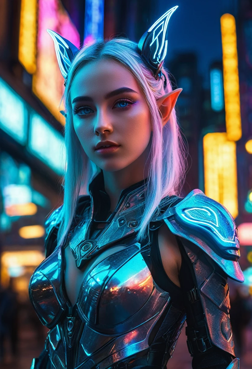 Cyberpunk elves,((full-body shot)), Very detailed, 1 Girl, Beautiful and delicate eyes, Beautiful and delicate lips, Extremely detailed faces and features,Big Elf Ears, Exquisite cyberpunk armor, Luminescence neon lights, Advanced technology, Future Cityscape, Dramatic Lighting, Composition, Vibrant colors, neon, Luminescence, Ultra Detailed, Reality,