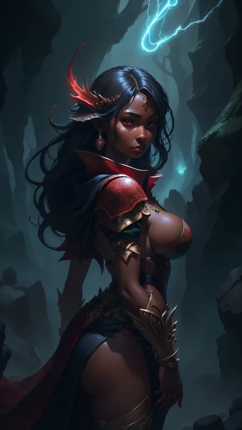 girl with big breasts, with exotic red clothing, dark ebony skin, round and big butt, Epic Fantasy Art Style HD, 4K fantasy art,...