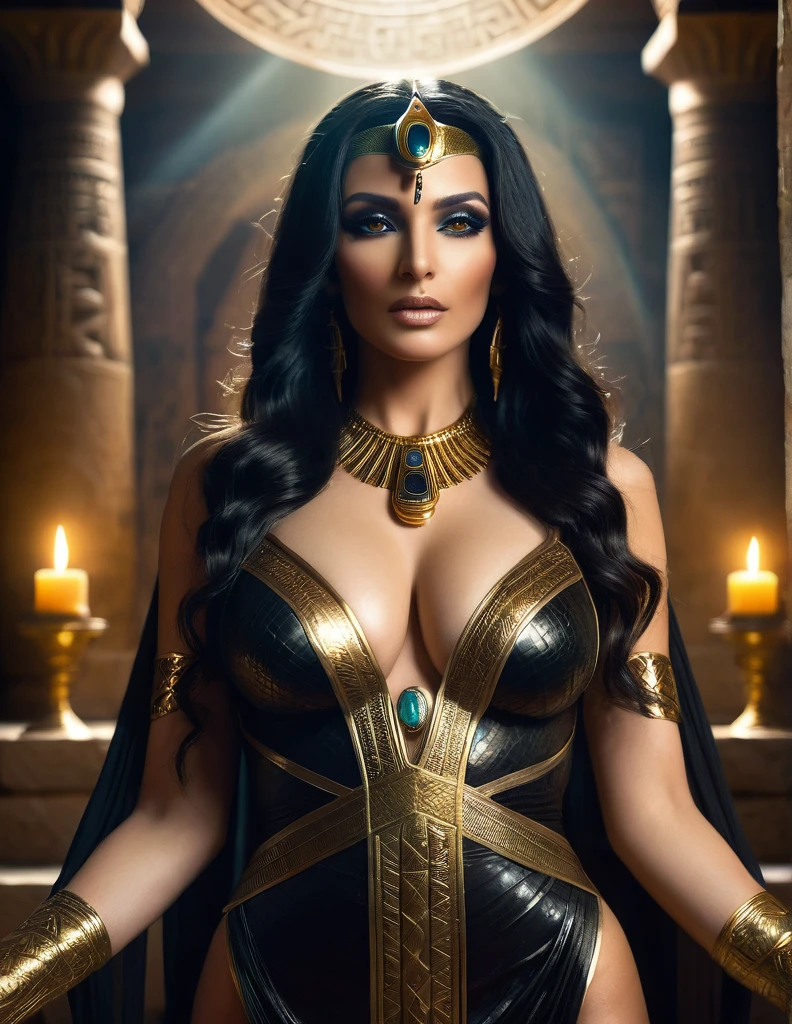 Nephthys épouse de seth, Egyptian sorceress, beautiful mature Egyptian goddess, snake skin, long flowing black hair, glowing golden eyes, reptilian pupils, swollen lactating breasts, form-fitting translucent black and gold dress, ancient Egyptian jewelry, standing in mysterious ancient temple, dramatic gothic dominatrix vibes, intense cinematic lighting, supernatural, breathtaking beauty and depth, (best quality,4k,8k,highres,masterpiece:1.2),ultra-detailed,(realistic,photorealistic,photo-realistic:1.37),HDR,UHD,studio lighting,ultra-fine painting,sharp focus,physically-based rendering,extreme detail description,professional,vivid colors,bokeh,fantasy,dark fantasy,occult,powerful,mystical,elegant,ethereal,chiaroscuro