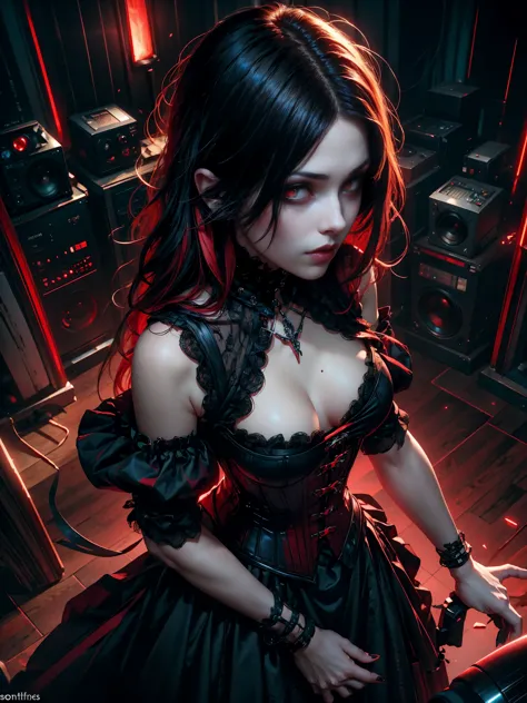 from above, high view shot, in the heart of a future gothic world, a young beautiful woman with a gothic punk style haircut, mid...