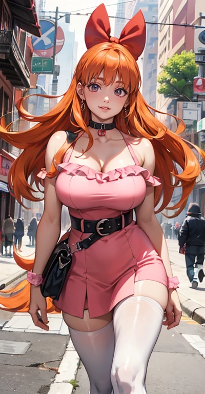 (Blossom:1.5), (Orange hair, Long hair, Blunt bangs, Pink eyes), (Hair Bow, Red bow, Simple pink dress, belt, white thighhighs), (Realistic:1.2), (Masterpiece:1.2), (full body shot of:1),(cow boy shot:1.2), Neon lighting, dark romantic lighting, (Highly detailed:1.2),(Detailed face:1.2), (gradients), Colorful, Detailed eyes, (Detailed landscape:1.2), (Natural lighting:1.2),(Detailed background), Detailed landscape, (Dynamic pose:1.2), (Solo, solo person, One subject:1.5), A woman walks down the street, huge tit, Fitness model, A smile