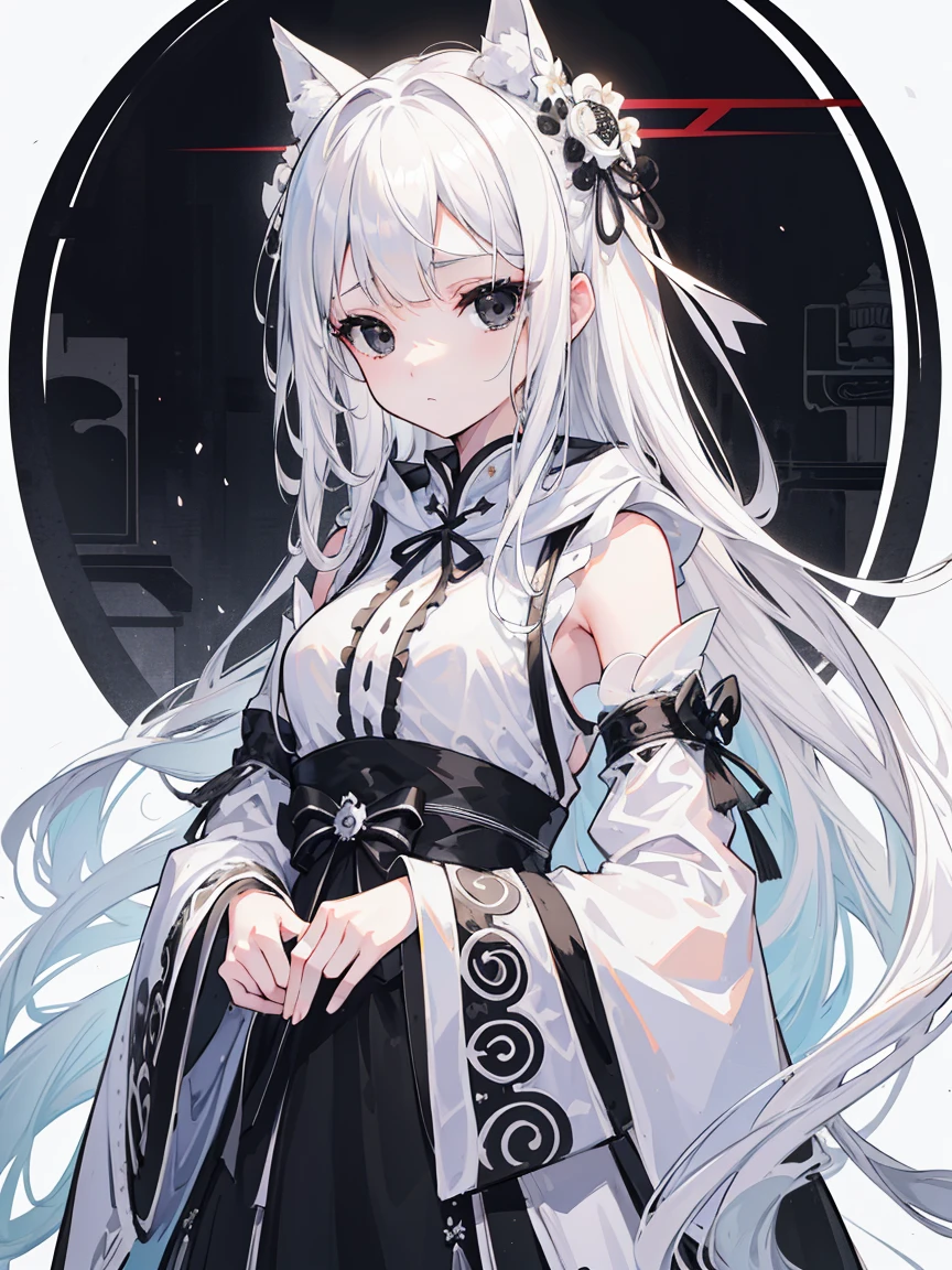 (Top image quality)、(Very detailed)、(Facing forward)、Top quality、masterpiece、(((1 girl )))、Silver Hair、White hair、((Long hair))、Weaving、(black eyes:1.6)、(White and black cheongsam)、Hooded dress、Lots of decorations、Lots of ribbons、White Ribbon、She looked grim.、Fluffy loose hair、Hanfu