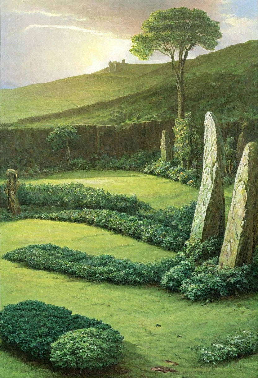 un paysage celtique avec des menhirs, sanctuaire druidique, Campagne irlandaise, (Peinture préraphaélite, style médiéval), paysage détaillé, Éclairage dramatique, ambiance maussade, verdure luxuriante, collines, ruines antiques, énergie mystique, brume atmosphérique, nuages dramatiques, couleurs vives, éclairage de l&#39;heure d&#39;or