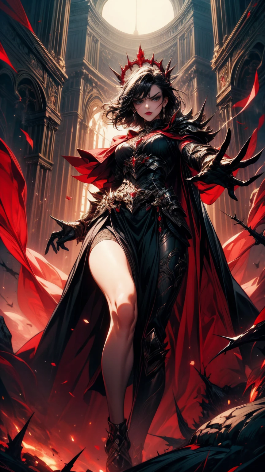 Masterpiece, high quality, super detailed, wallpaper, woman, black armor with black and red details, viewed from below, looking at the viewer, fit body, heels with black thorns, black and red short thorn crown, very short black hair, blue eyes, red lips, black eye makeup, black cape with black embroidery, angry look, stunning, in various poses, open hands, armored, detailed face