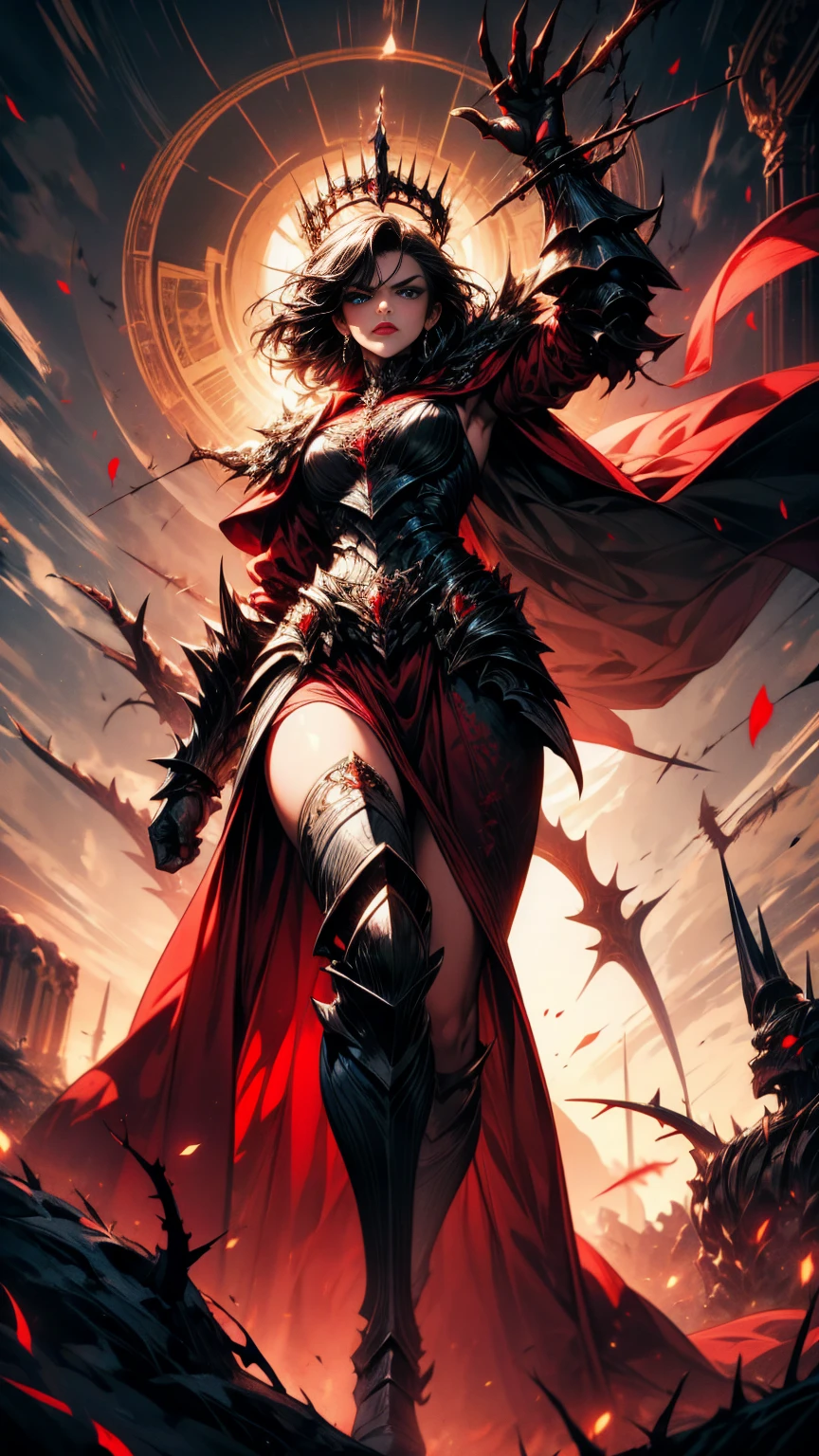 Masterpiece, high quality, super detailed, wallpaper, woman, black armor with black and red details, viewed from below, looking at the viewer, fit body, heels with black thorns, black and red short thorn crown, very short black hair, blue eyes, red lips, black eye makeup, black cape with black embroidery, angry look, stunning, in various poses, open hands, armored, detailed face