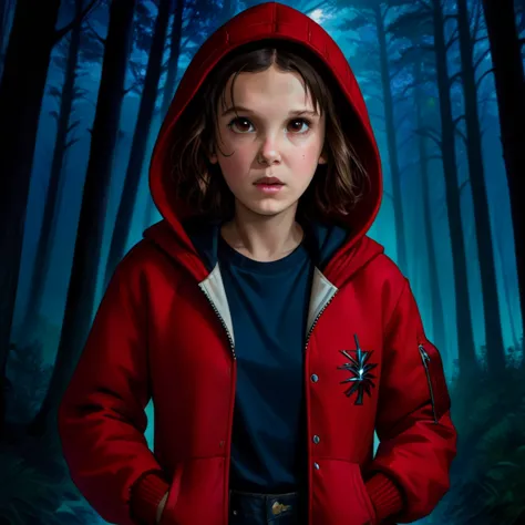 milli3 women , Millie Bobby Brown , 1 girl wearing a red jacket and hood ,Netflix , stranger things, eleven, in a dark forest , ...