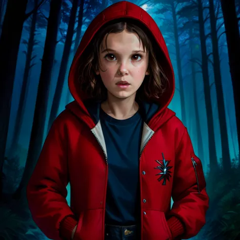 milli3 women , millie bobby brown , 1 girl wearing a red jacket and hood ,netflix , stranger things, eleven, in a dark forest , ...